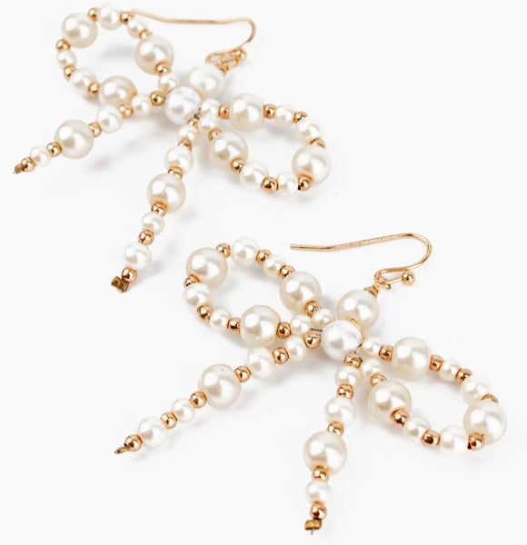Pearl and gold beaded bow earrings 