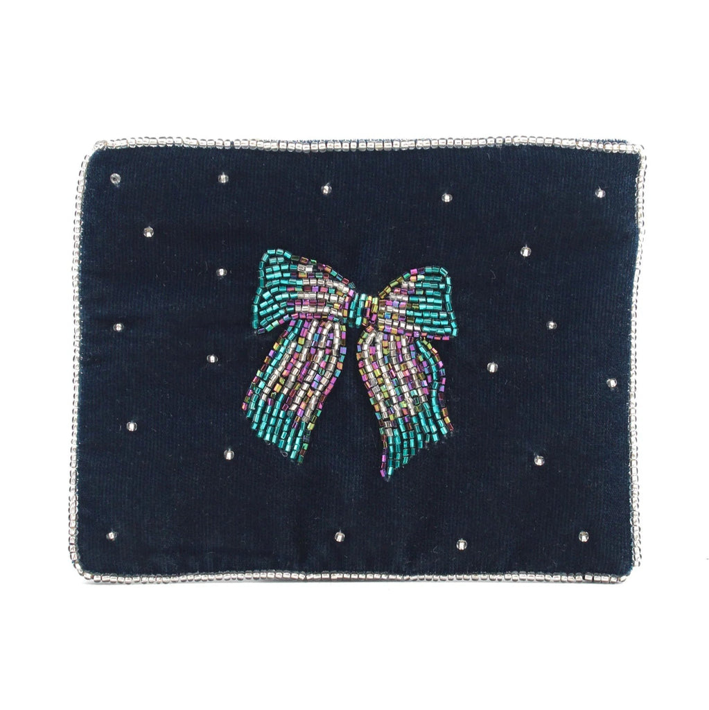 Navy blue pouch with a beaded bow 