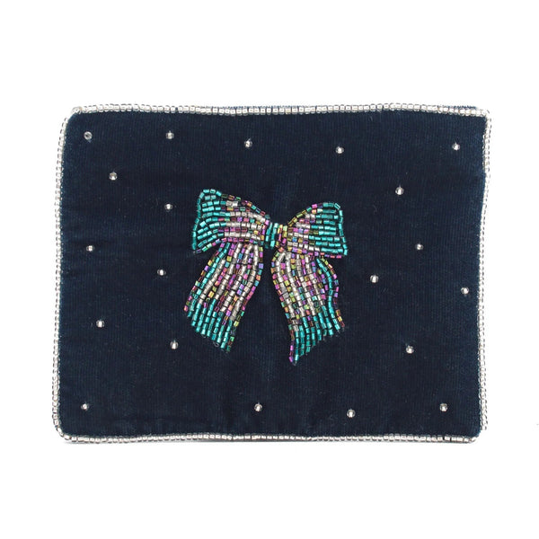 Navy blue pouch with a beaded bow 